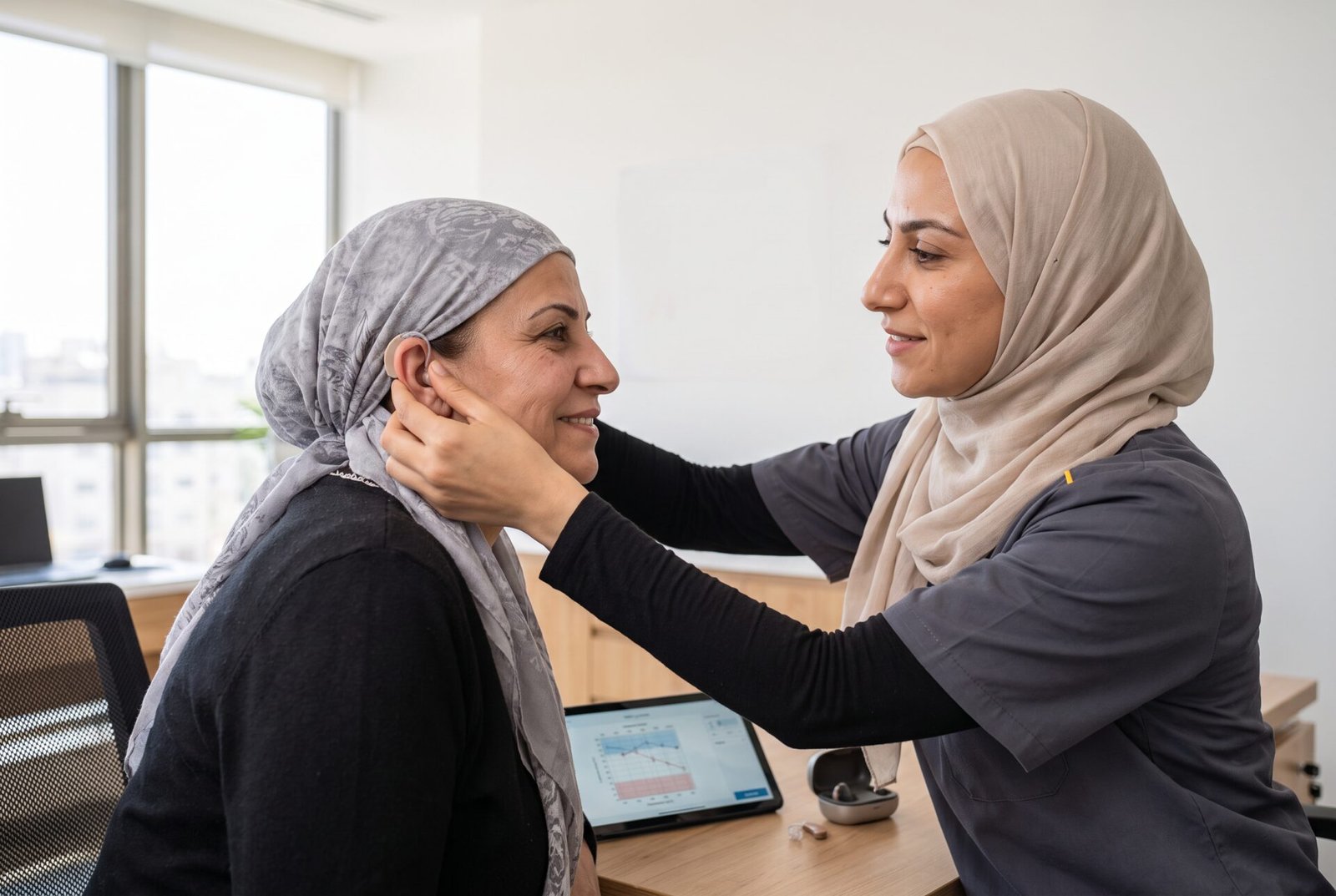 Audiologist fitting a hearing aid on a smiling woman at the clinic