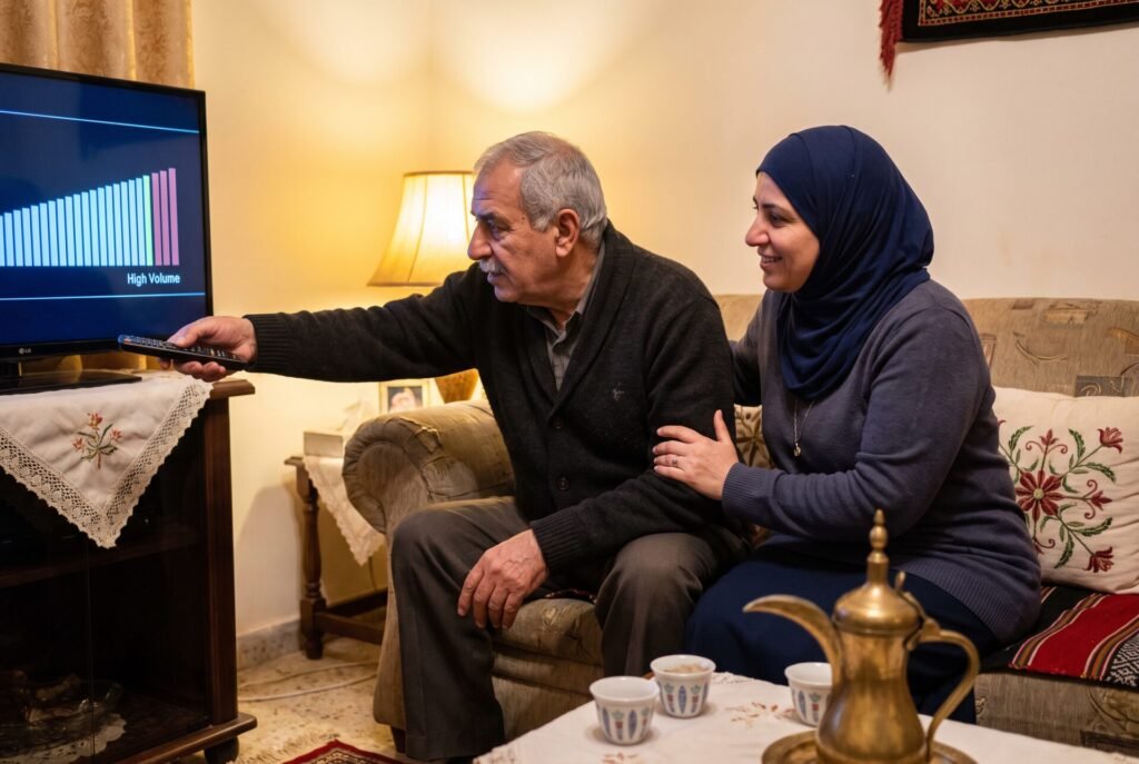 Older man turning up the TV volume while his daughter sits beside him