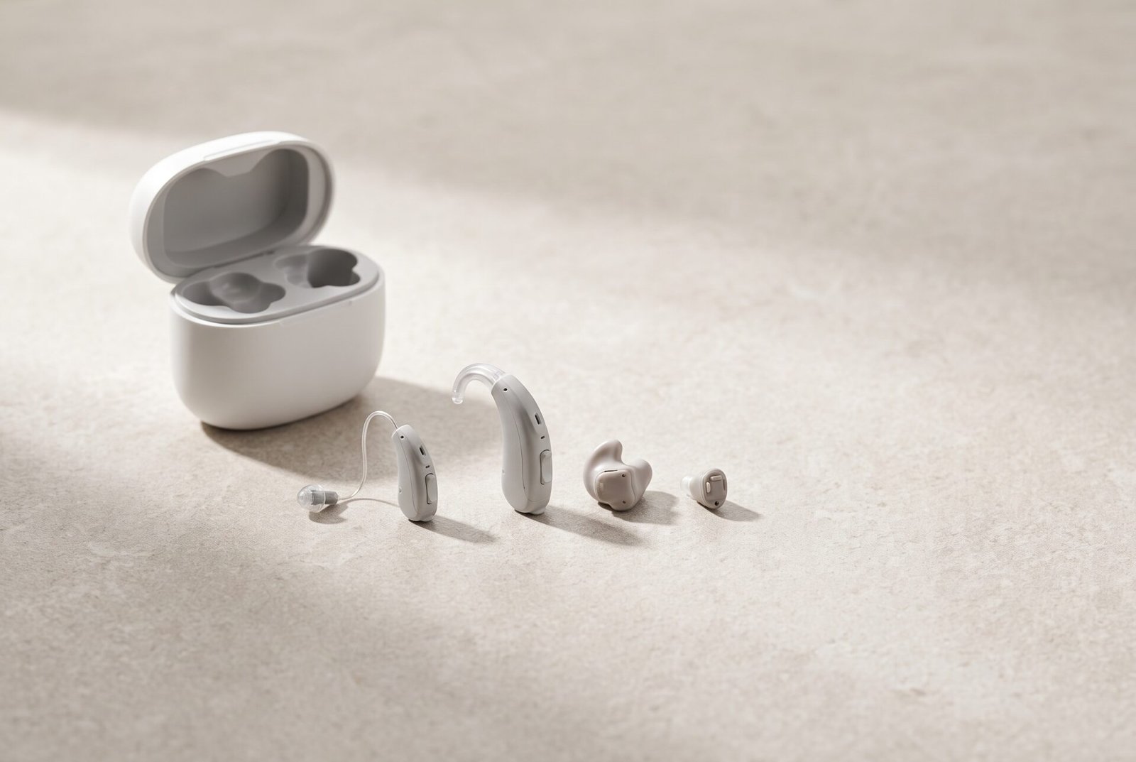 Modern hearing aids and charging case on a stone surface
