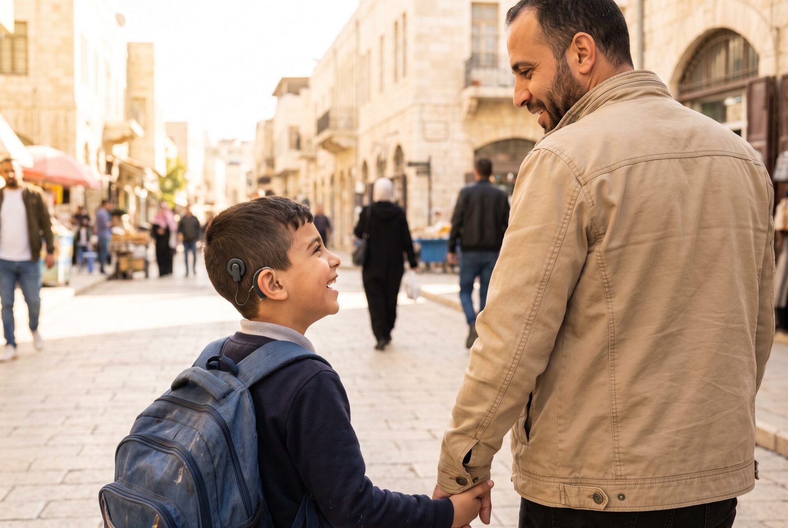 Boy with a cochlear implant walking to school with his father