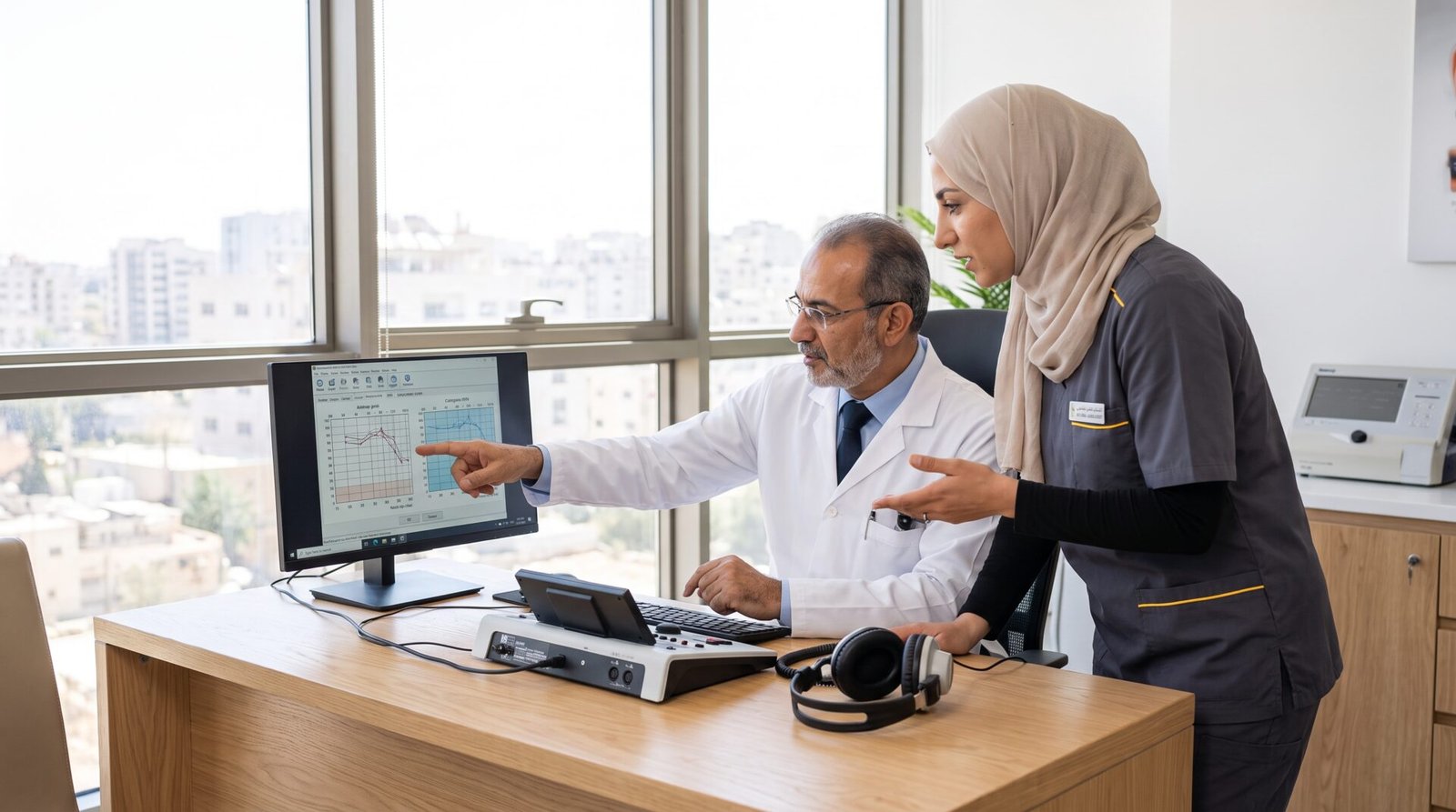 Doctor and audiologist reviewing hearing results together