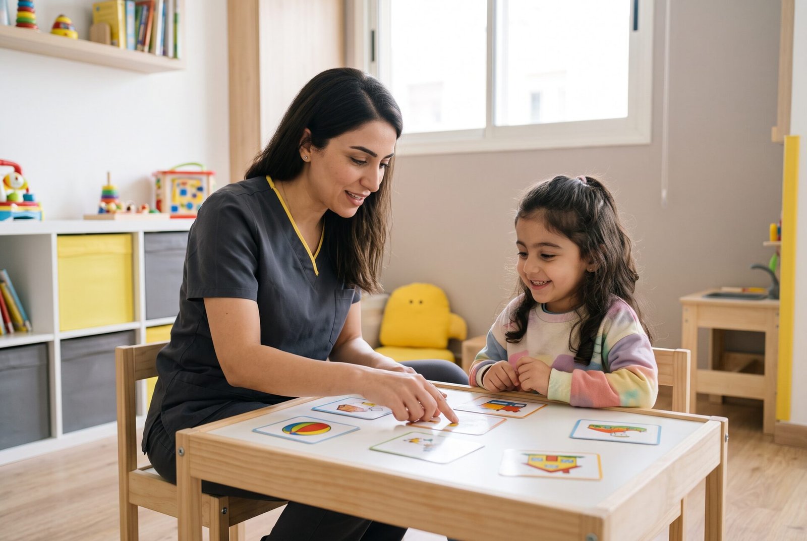 Speech therapist working with a young girl using picture cards