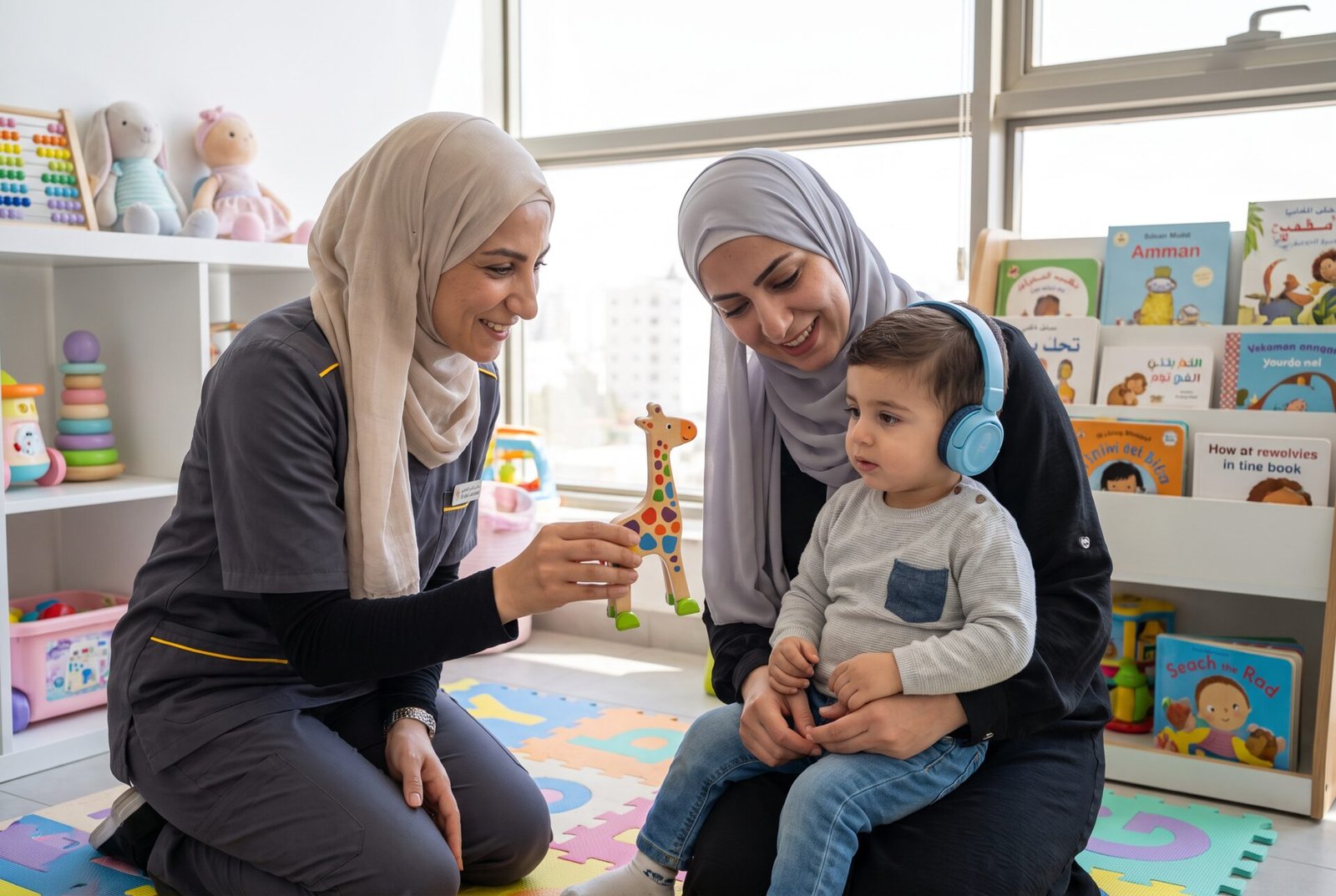 Audiologist playing with a toddler wearing headphones during a paediatric hearing assessment, with his mother