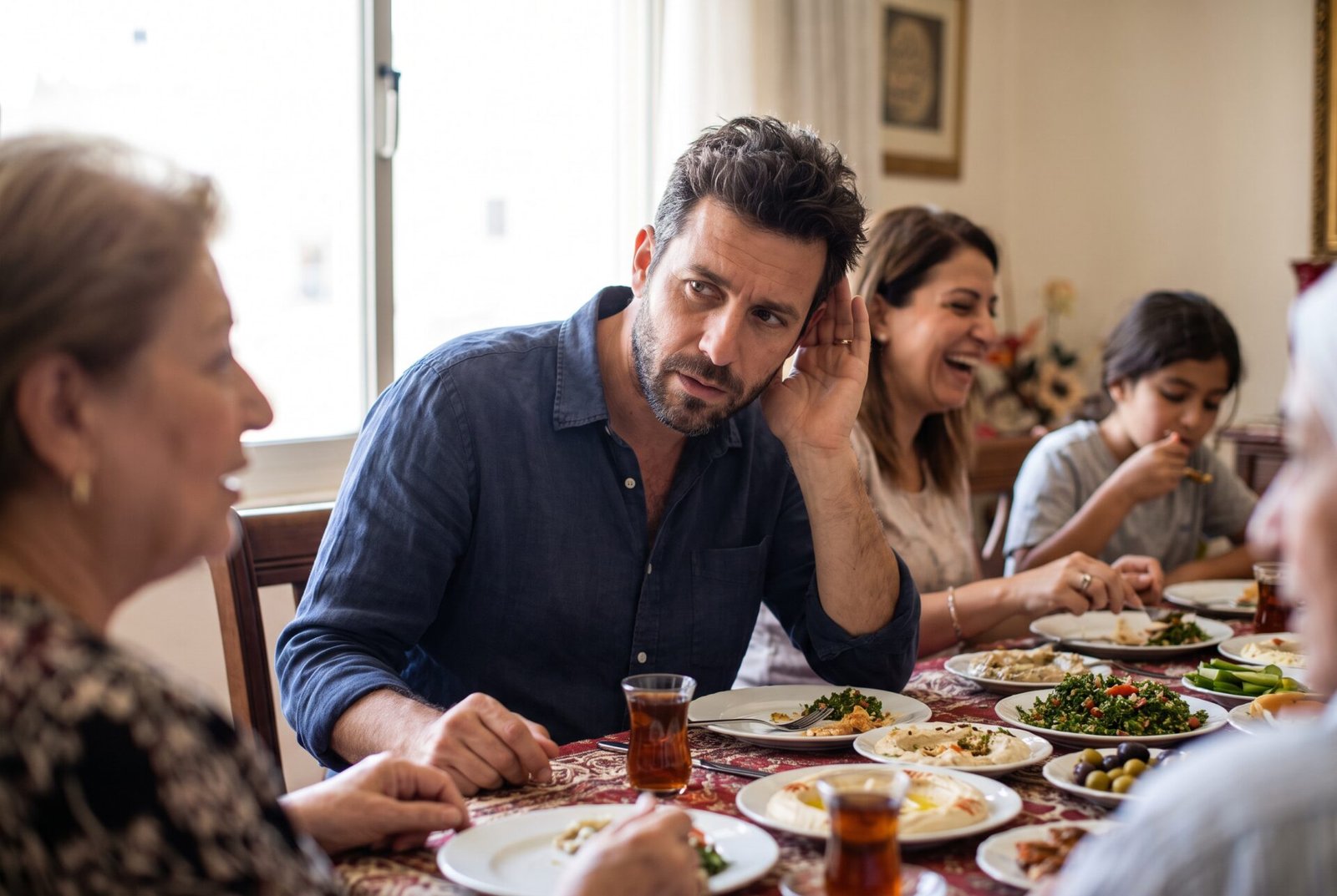 Man at a family lunch turning his better ear towards a relative who is speaking