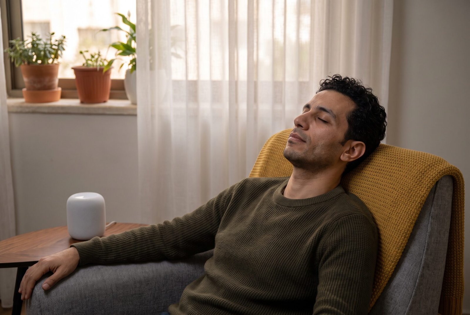 Man relaxing in a quiet, bright room